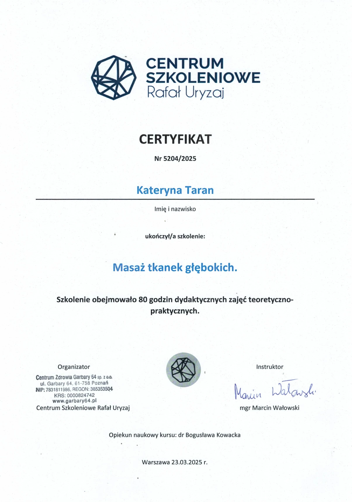 Certyfikat: Masaż tkanek głębokich