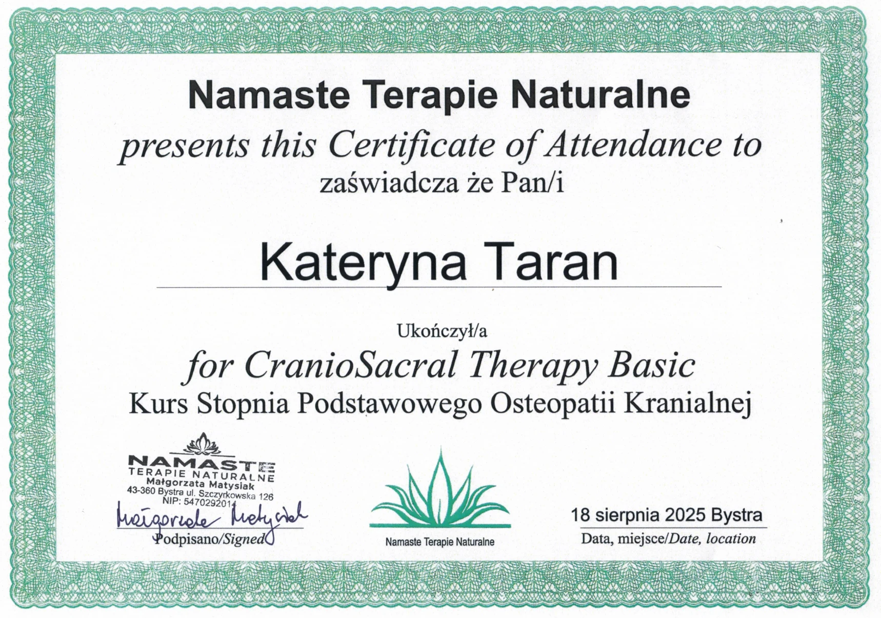 Certyfikat: CranioSacral Therapy Basic