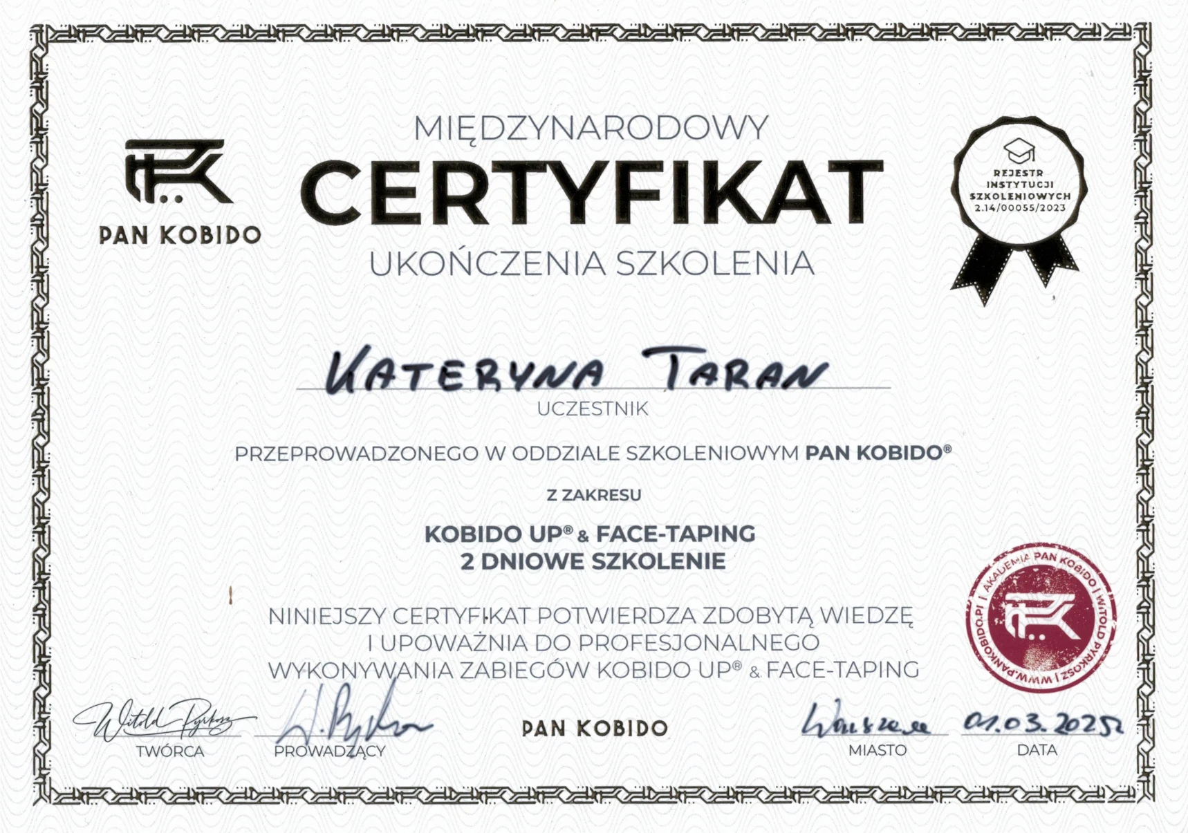 Certyfikat: Kobido UP & Face-Taping