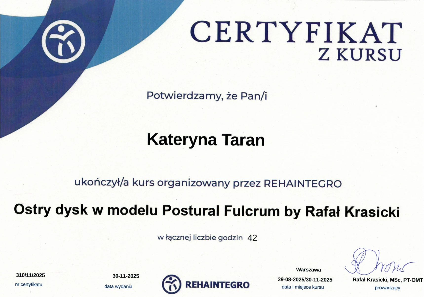 Certyfikat: Ostry dysk w modelu Postural Fulcrum