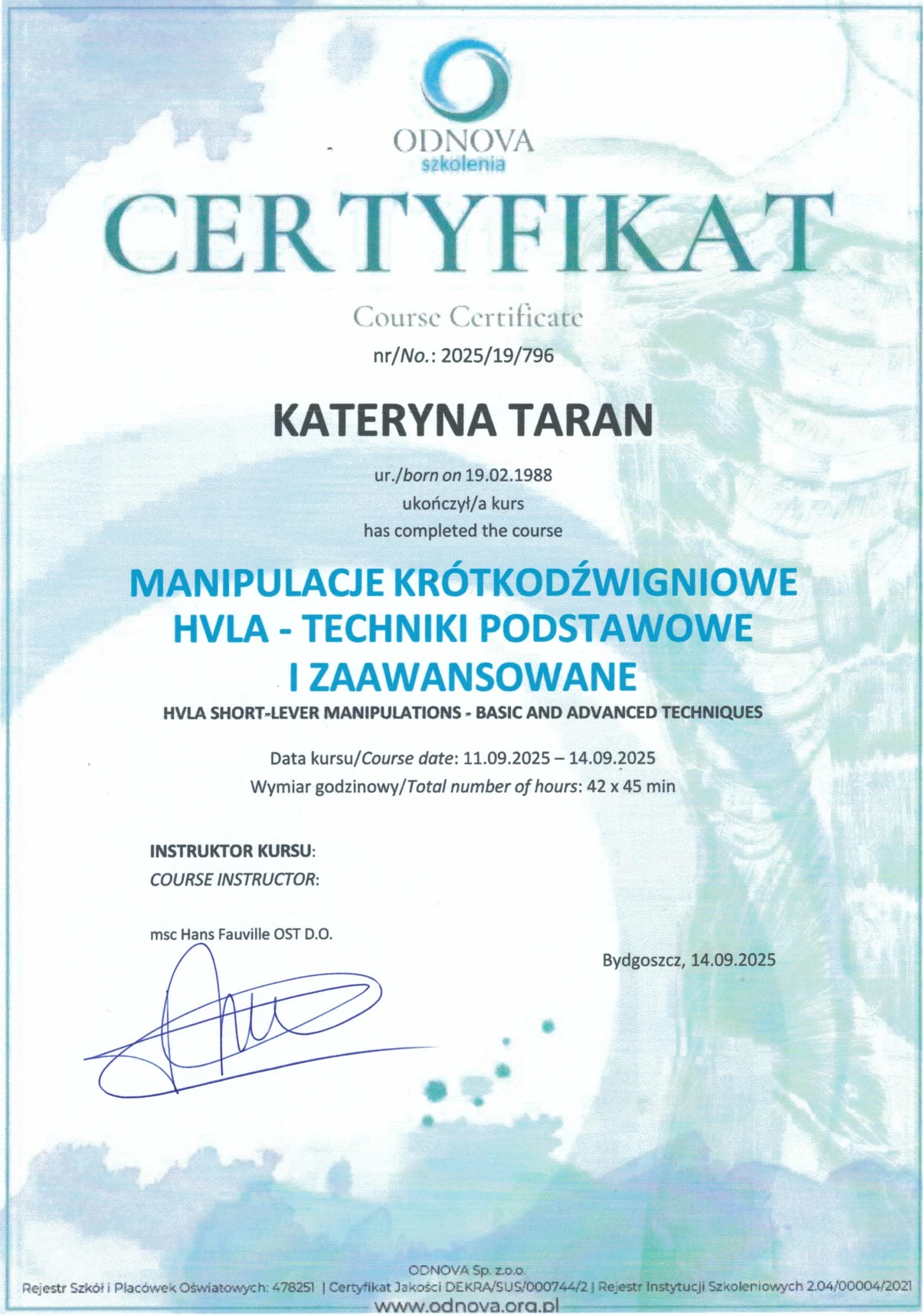Certyfikat: Manipulacje krótkodźwigniowe HVLA