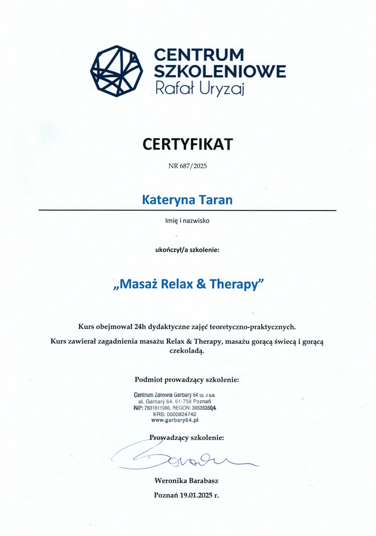 Certyfikat: Masaż Relax & Therapy