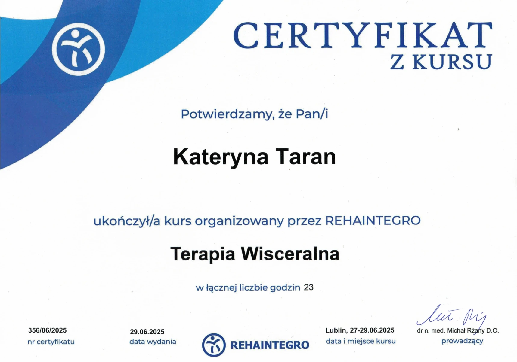 Certyfikat: Terapia wisceralna