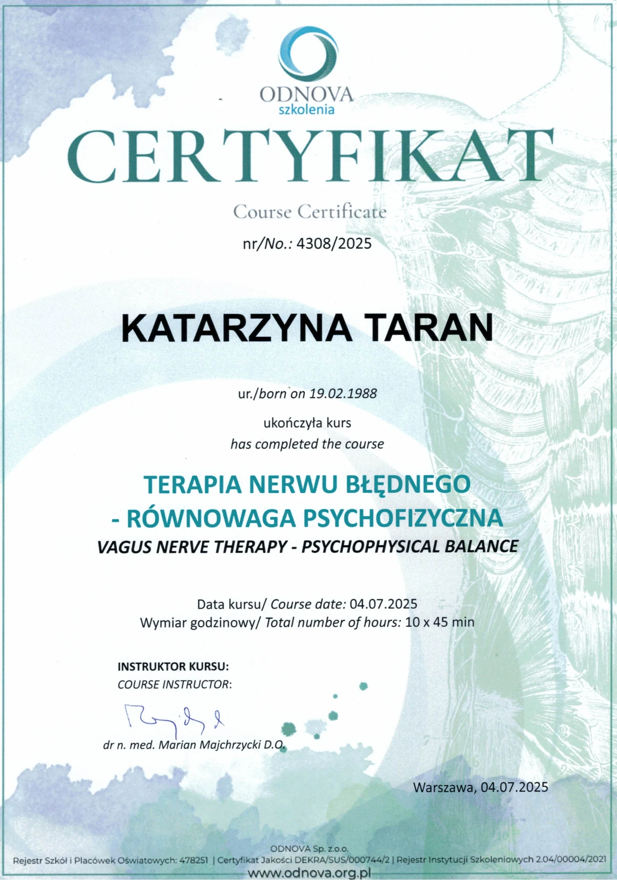 Certyfikat: Terapia nerwu błędnego